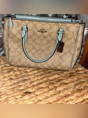 Coach Beige Signature Satchel with Light Blue Trim